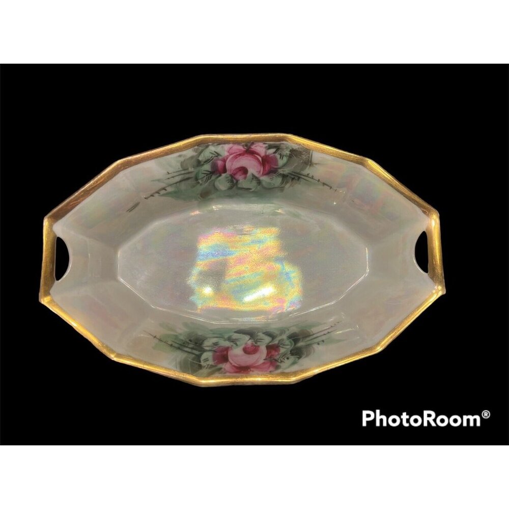 Bavaria Schumann Handpainted Opalescent Relish Tray Gold Trim
